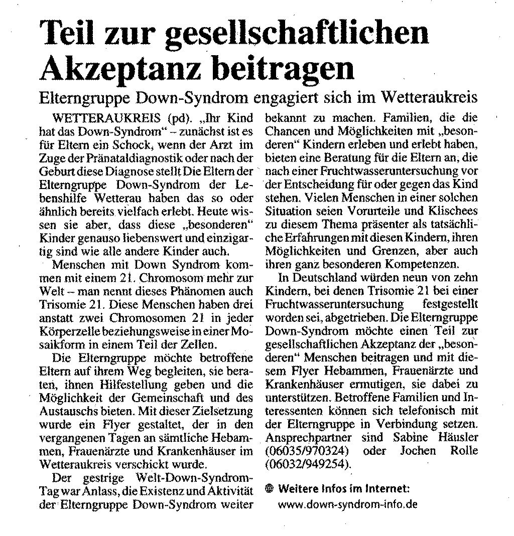 Artikel zum Welt-Down-Syndrom-Tag 2008 im Kreisanzeiger